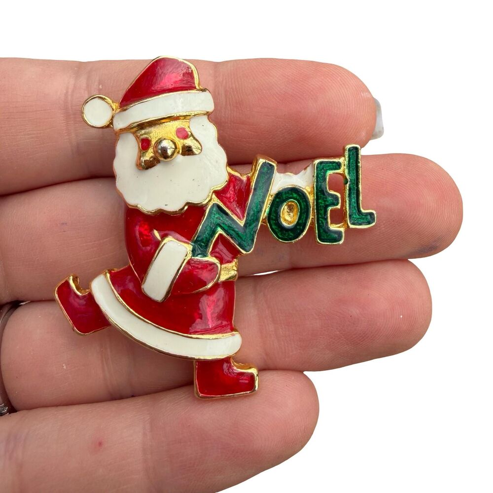 Vintage Jewelry Signed Aai Adorable Enamel Santa Claus with Noel Christmas Pin B